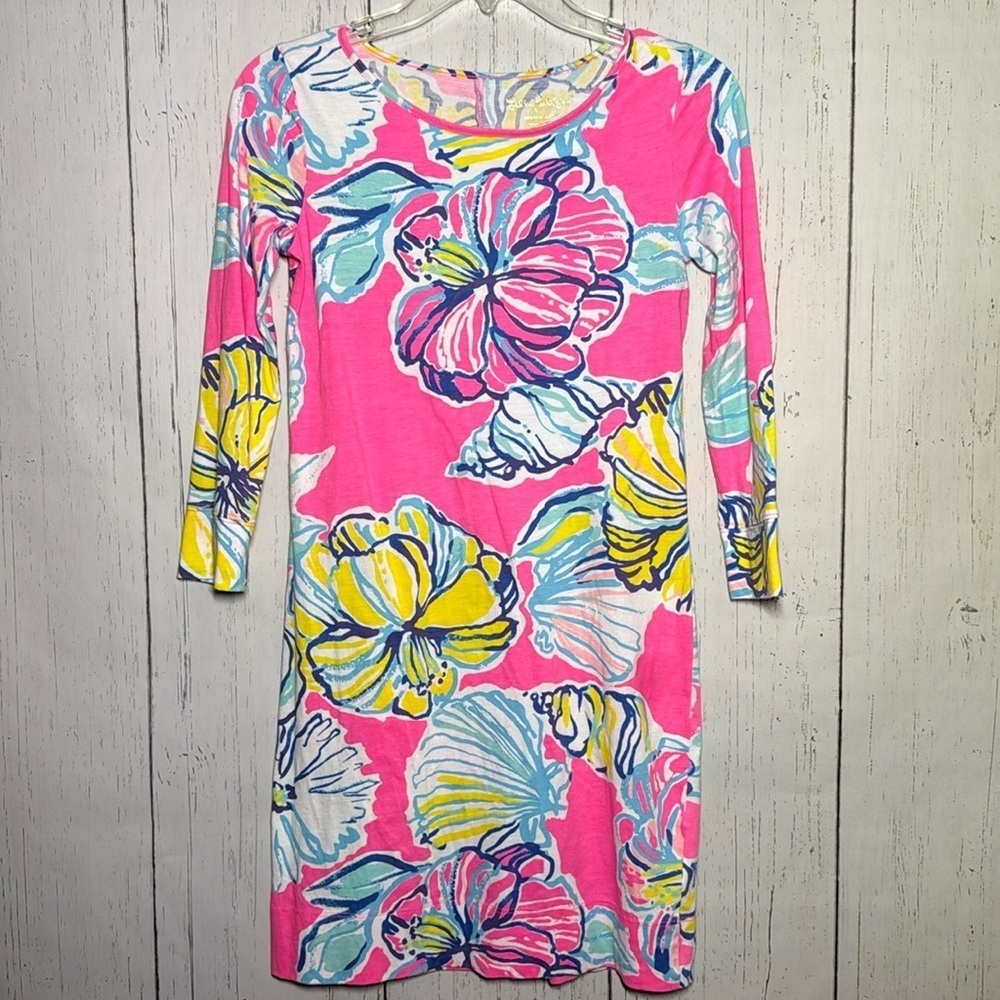 Lilly Pulitzer Pink Tropical Floral T-Shirt Long Sleeve Mini Dress Size XXS